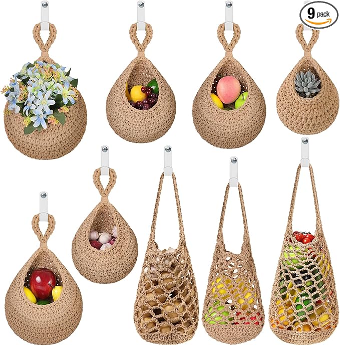 AARAINBOW Boho Wall Hanging Baskets for Kitchen Storage, Fruit Woven Wall Basket 9 Pcs, Hanging Vegetable and Onion Storage with 24 Hooks （Brown）-CasaMuseHome