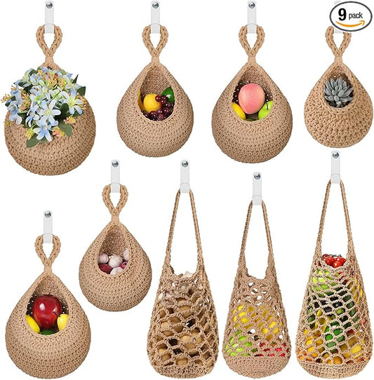 AARAINBOW Boho Wall Hanging Baskets for Kitchen Storage, Fruit Woven Wall Basket 9 Pcs, Hanging Vegetable and Onion Storage with 24 Hooks （Brown）-CasaMuseHome