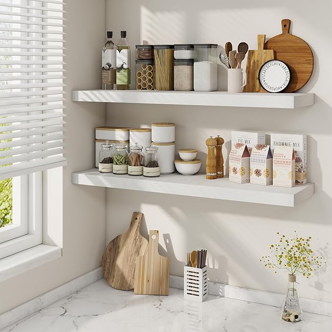36 Inch Floating Shelves, 9.3 Inch Deep Rustic Wall Shelves - Extra Deeper Wall Mounted Storage Shelves for Bathroom, Kitchen, Living Room (White, Set of 2)-CasaMuseHome