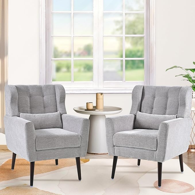 Accent Chair Set of 2, Upholstered Armchair with Pillow, Fabric Single Sofa Chair with Lounge Seat and Wood Legs Accent Chair for Living Room Small Spaces (Grey, Set of 2)-CasaMuseHome