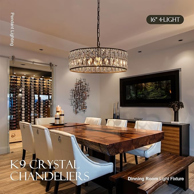 16” 4-Light Modern Crystal Chandeliers Black Dinning Room Light Fixture, Round Pendant Light Kitchen Island Chandelier, Flush Mount Ceiling Light for Living Room Entryway Bedroom Foyer-CasaMuseHome
