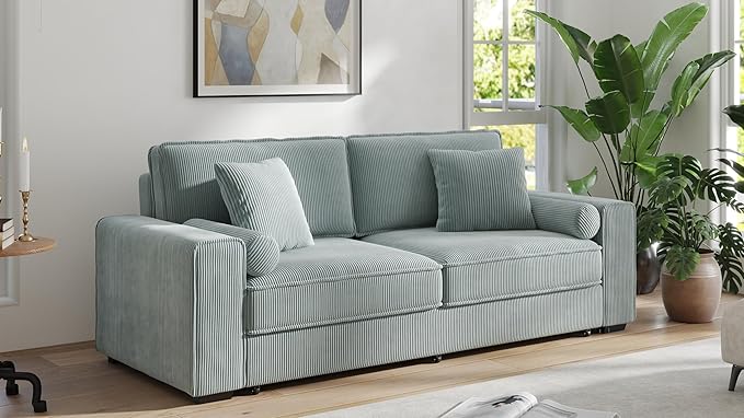 91-Inch Corduroy Pull Out Couch with Storage, Convertible Queen Sleeper Sofa with Pull Out Bed, Hide a Bed Couches for Bedroom, Guest Room, Apartment, Small Places, RV (Sage Green)-CasaMuseHome