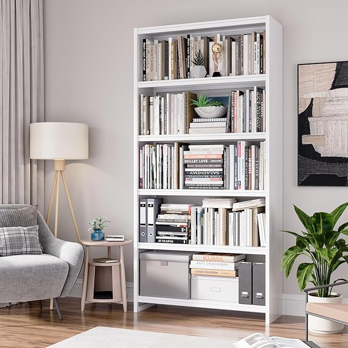 69" Tall Bookcase, 5-Tier Wide Bookshelf, Library Book Case with Display Shelf, Lightweight Metal Bookshelves, Industrial Book Shelf for Home, Office, Library, and School (White)-CasaMuseHome