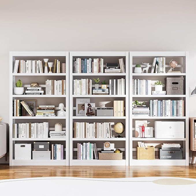 61" H Metal Bookshelf, 5 Tier Adjustable Bookshelf, White Small Bookcase, Bedroom Bookshelves and Bookcases, Modern Book Shelf for Living Room, Office, Easy Tool-Free Assembly-CasaMuseHome