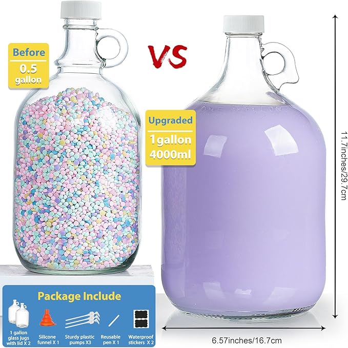 2 Pack Gallon Glass Pump Bottle Dispensers with 3 Pumps and 2 Airtight Lids, Laundry Soap Dispensers with 1 Funnel, Liquid Laundry Detergent Dispensers for Fabric Softener, Shampoo, Body Wash-CasaMuseHome