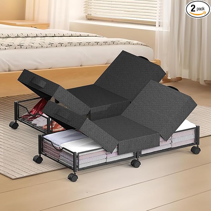 2 Pack Under Bed Storage with Wheels, 36" Lengthen Underbed Storage Containers with Lids, Large Capacity Under Bed Shoe Storage, Metal Clothes Organizer, Storage Box for Clothing Shoes Blankets Sheet-CasaMuseHome