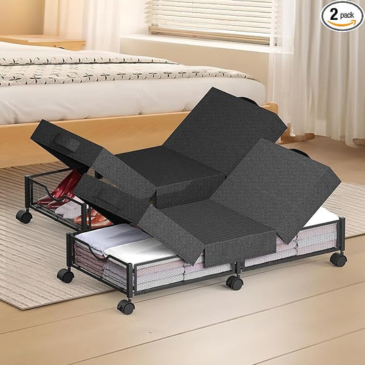 2 Pack Under Bed Storage with Wheels, 36" Lengthen Underbed Storage Containers with Lids, Large Capacity Under Bed Shoe Storage, Metal Clothes Organizer, Storage Box for Clothing Shoes Blankets Sheet-CasaMuseHome