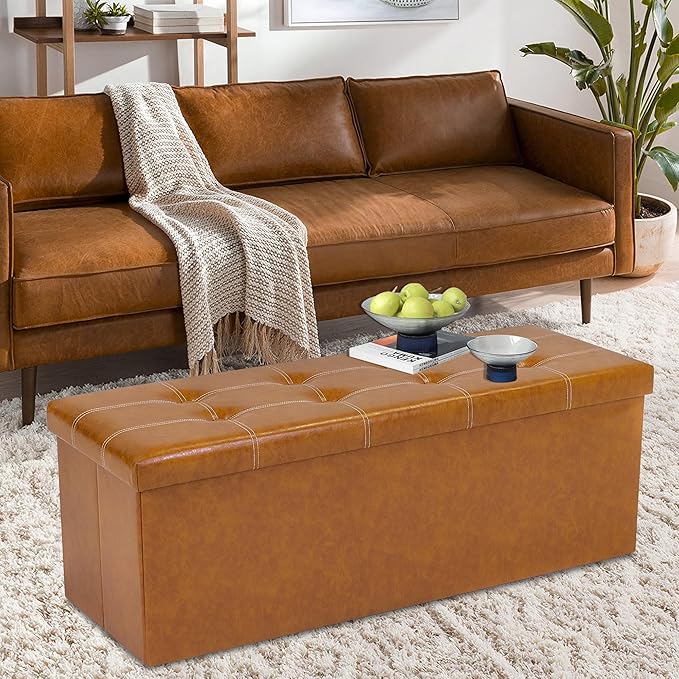 43 Inches Folding Storage Ottoman Bench, PU Leather Storage Chest, Footrest Padded Seat for Bedroom and Hallway, Holds up to 660 lbs, Light Brown-CasaMuseHome