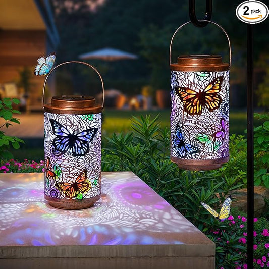 2Pack Solar Lanterns Outdoor Waterproof Colorful Butterfly Garden Gifts for Women, Multicolor Solar Outside Lights Patio Lantern for Yard, Backyard, Porch, Mothers Day Gifts for Mom Grandma Wife-CasaMuseHome