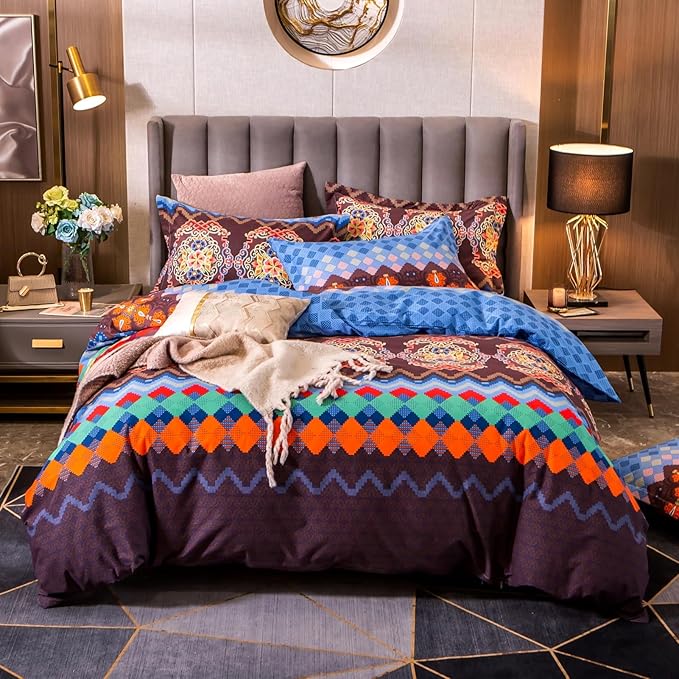 ABREEZE Bohemian Duvet Cover Set Colorful Brown Boho Retro Bedding Set Damask Paisley Cotton Duvet Cover Tribal Reversible Bedding Exotic Style Comforter Cover 3-Piece Queen-CasaMuseHome