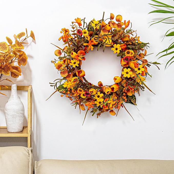 18 Inches Fall Wreaths for Front Door Rustic Autumn Wreath Farmhouse Fall Floral Wreaths with Tulips Phalaenopsis Orange Wildflowers for Wall Window Porch Indoor Outside Decor-CasaMuseHome