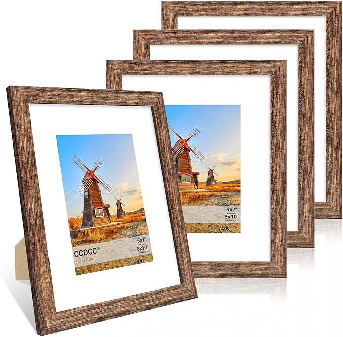 8x10 Picture Frame Set of 4, 8 x 10 Wood Photo Frames with Mat for 5x7, Natural Wooden Frame with Real Glass Cover for Wall and Tabletop Display,Rustic Brown-CasaMuseHome