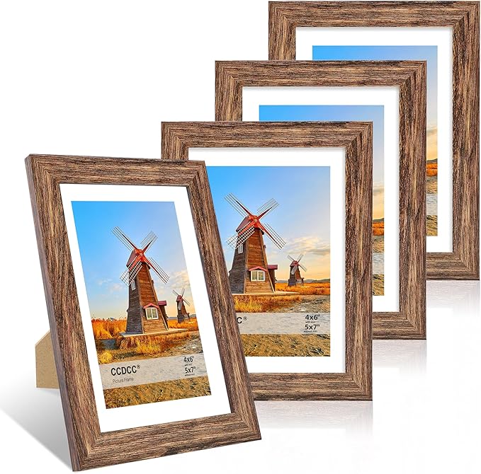 5x7 Picture Frame Set of 4, 5 x 7 Wood Photo Frames with Mat for 4x6, Natural Wooden Frame with Real Glass Cover for Wall and Tabletop Display,Rustic Brown-CasaMuseHome