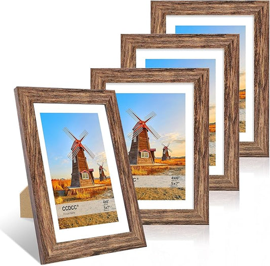 5x7 Picture Frame Set of 4, 5 x 7 Wood Photo Frames with Mat for 4x6, Natural Wooden Frame with Real Glass Cover for Wall and Tabletop Display,Rustic Brown-CasaMuseHome