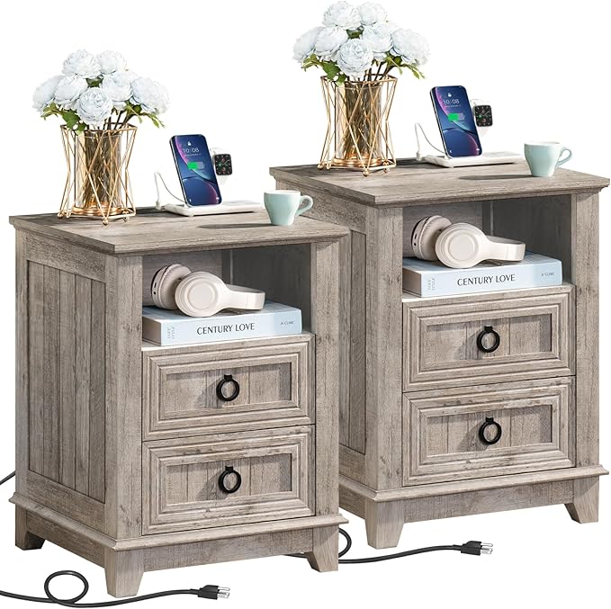 18" Farmhouse Night Stands Set of 2 with Charging Station, 2 Drawers End Table Dresser for Bedroom, Oak Wooden Nightstand, Bed Side Table with Open Shelf, Bedside Cabinet for Living Room-CasaMuseHome