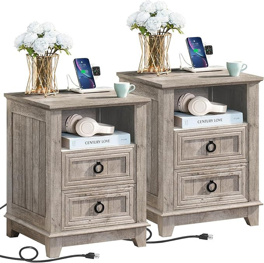 18" Farmhouse Night Stands Set of 2 with Charging Station, 2 Drawers End Table Dresser for Bedroom, Oak Wooden Nightstand, Bed Side Table with Open Shelf, Bedside Cabinet for Living Room-CasaMuseHome