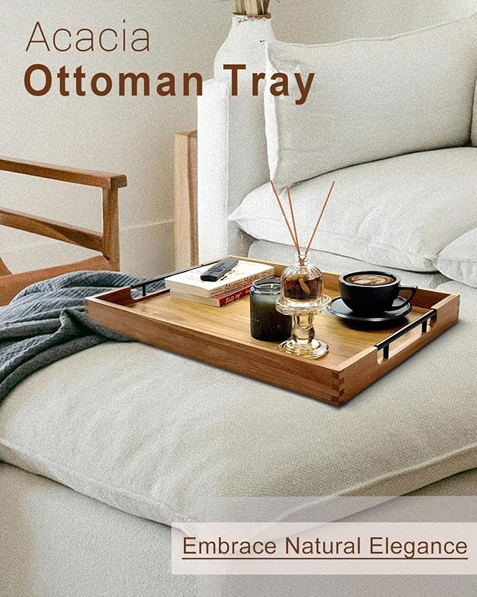 22 Inches Acacia Wood Serving Tray with Metal Handles, Large Wooden Rectangle Ottoman Tray, Decorative and Durable Design for Living Room Coffee Table Couch Kitchen-CasaMuseHome