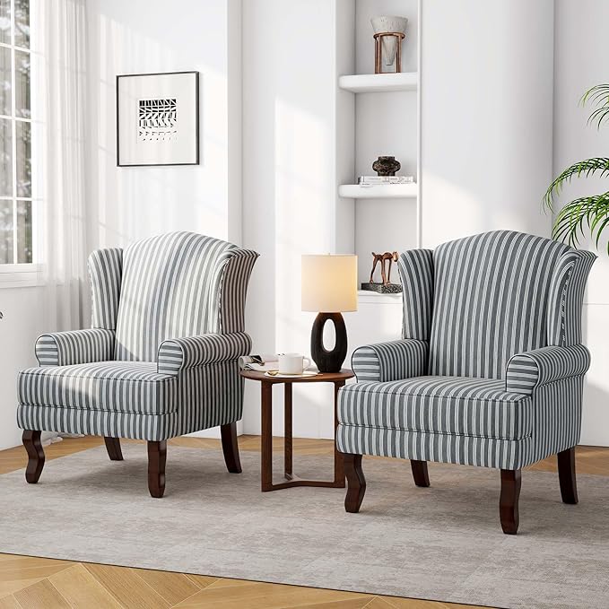 Accent Chair, High Back Upholstered Armchair with High Resilience Sponge & Wood Legs, Mid-Century Modern Comfy Single Sofa Reading Chairs for Living Room, Bedroom (Stripe Grey, Set of 2)-CasaMuseHome