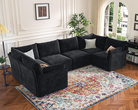 136.4" Oversized Modular Sectional Sofa, U Shaped Convertible Couch with Movable Ottoman, Large 7 Seat Corner Couches for Living Room Deep Seat Black Chenille-CasaMuseHome