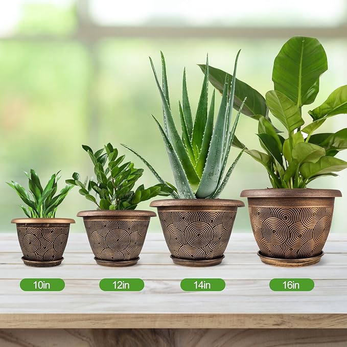 10 Inch Flower Pots Planters for Indoor Outdoor Plants, 3 Pack Plastic Large Plant Pots with Drainage Hole & Tray, Modern Decorative Garden Pot with Saucer, Plant Container for House-CasaMuseHome