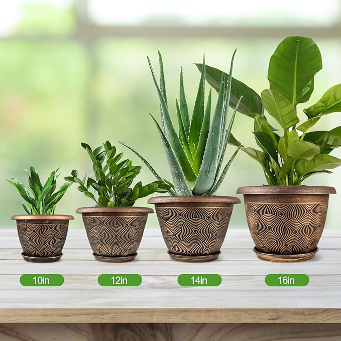 12 Inch Large Planter Pot for Plants Indoor Outdoor, 4 Pack Plastic Flower Pots with Drainage Hole & Tray, Modern Decorative Garden Pot with Saucer, Plant Container for House-CasaMuseHome