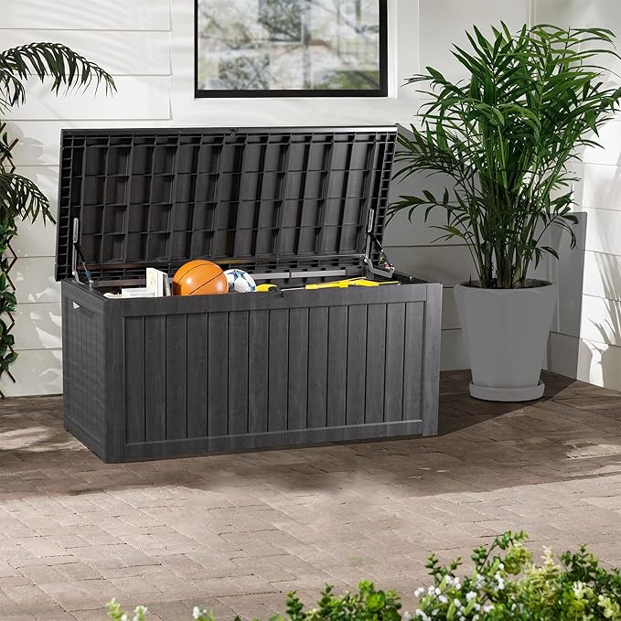 200 Gallon Lockable Resin Deck Box, Waterproof & UV-Resistant Outdoor Storage Box for Outdoor Cushion Storage, Garden Tools & Pool Accessories Storage, Black-CasaMuseHome
