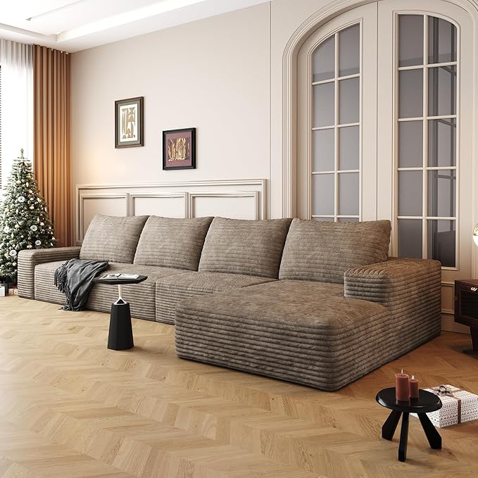 136" Sectional Couches for Living Room Modern Modular Sofa with L-Shape Couchs Upholstered Boneless Couch Deep Seat Sectional Couch with Chaise (Camel, Right Facing Chaise+3Seaters)-CasaMuseHome