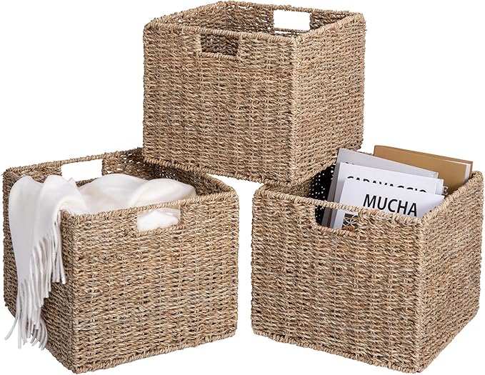 12x12x10in Seagrass Storage Baskets Set of 2, Large Wicker Storage Basket, Decorative Seagrass Shelf Basket, Pantry Baskets Organization,Folding Storage Cube Bins-CasaMuseHome