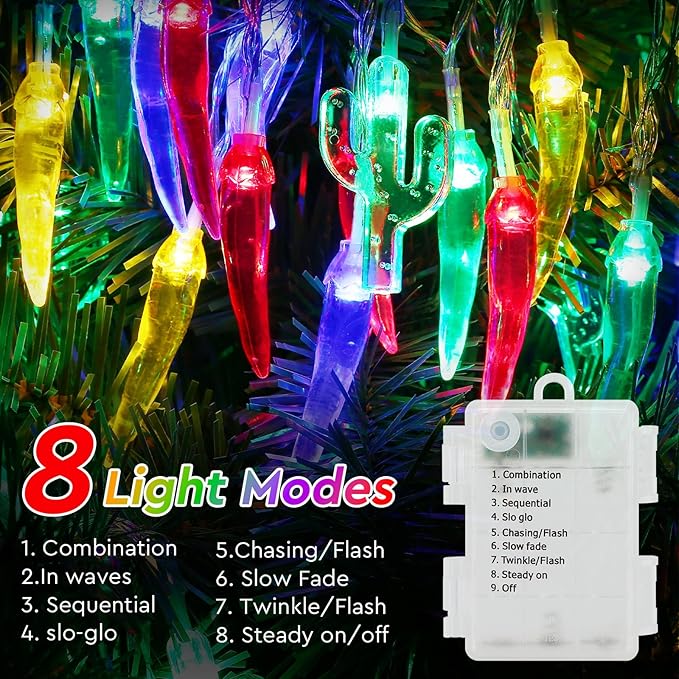 21FT [ 8 Modes & Timer ] Chili Pepper String Lights 40LED Fairy Lights Battery Operated for Indoor Outdoor Garden Pool Birthday Mexican Party Wedding Christmas Summer Tropical Decor-CasaMuseHome