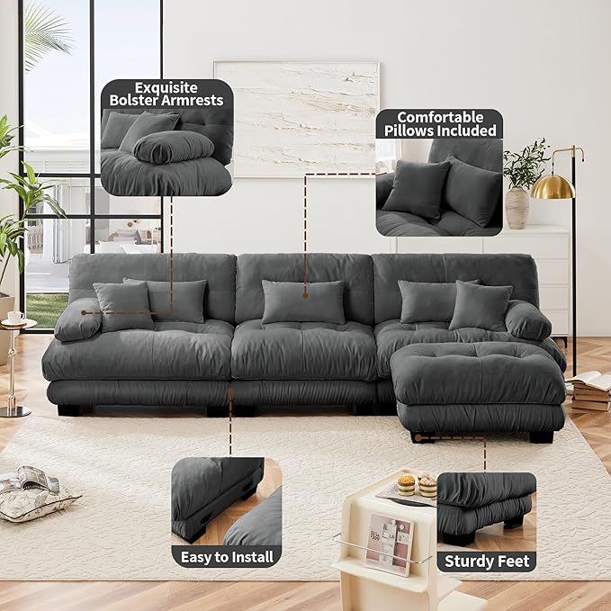 L Shaped Couch Sectional Couch, 3-Seater Cloud Couch Sectional Oversized Couch, Sofa Bed Couch with Round Bolster Armrests 5 Pillows, Modular Couch Home Sofa Living Room Couch(Gray)-CasaMuseHome