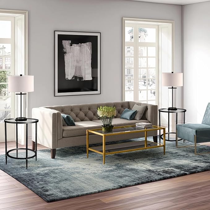 2 Tier Round Side Table, Black End Table with Glass Top, Modern Metal Clear Coffee Table，Small Accent Table for Living Room, Bedroom, 18" x 18" x 24"-CasaMuseHome