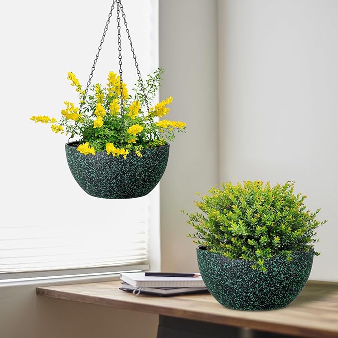 8 inch Small Hanging Planters for Indoor Outdoor Plants, 2 Pack Hanging Flower Pots with Drainage Holes and Chain, Plastic Hanging Baskets for House Plants, Black with Green Speckles-CasaMuseHome
