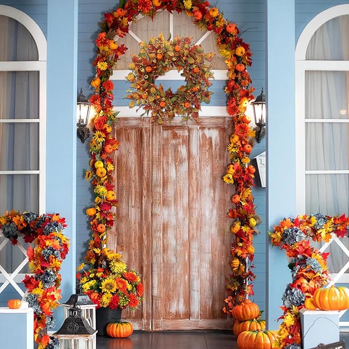 22 inch Artificial Fall Wreaths for Front Door,Autumn Wreath with Pumpkin and Maple Leaves Suitable for Indoor Outdoor Wall Porch Harvest Festival Thanksgiving Day Farmhouse Holiday Decor.-CasaMuseHome