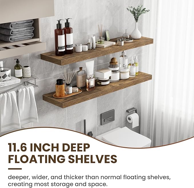 48 Inch Floating Shelves, 12 Inch Deep Floating Shelves for Wall, Floating Shelf with Invisible Brackets, Deep Wall Shelves for Bathroom, Bedroom, Living Room, 1 Pack, Brown-CasaMuseHome