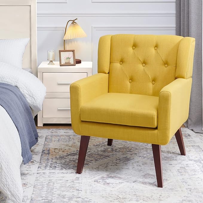 Accent Chair Button-Tufted Upholstered Living Room Chairs Comfy Reading Chair Mid Century Modern Chair with Linen Fabric Lounge Arm Chairs for Living Room Bedroom (Yellow Set of 2)-CasaMuseHome