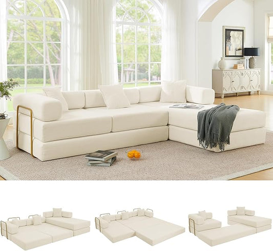 108" Oversized Convertible Sleeper Sofa Bed, Corduroy L Shape Sectional Couch, Folding Sofa Bed with Side Pocket, Modern Cloud Floor Mattress Couch, Modular Sofa for Living Room, Beige-CasaMuseHome
