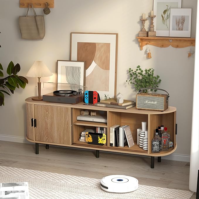 62" Tambour Door TV Stand,Wood Mid Century Modern TV Cabinet for Up to 75“ TV,Curved Edge Long TV Stand with Storage for Bedroom Living Room (Natural, 62.2inch)-CasaMuseHome