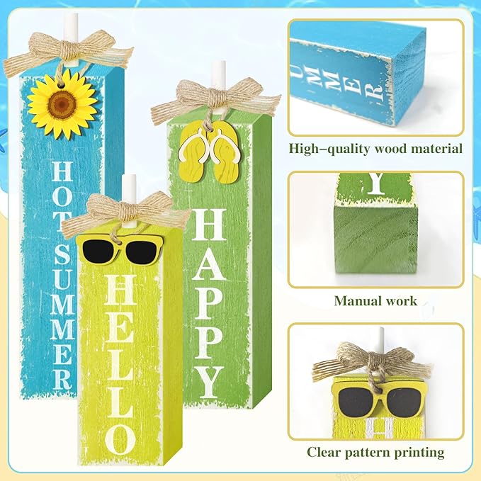 3 PCs Wooden Tiered Tray Decor Hello Happy Hot Summer Rustic Table Decor Block Signs for Beach Island Home Office Decorations (Summer-1)-CasaMuseHome