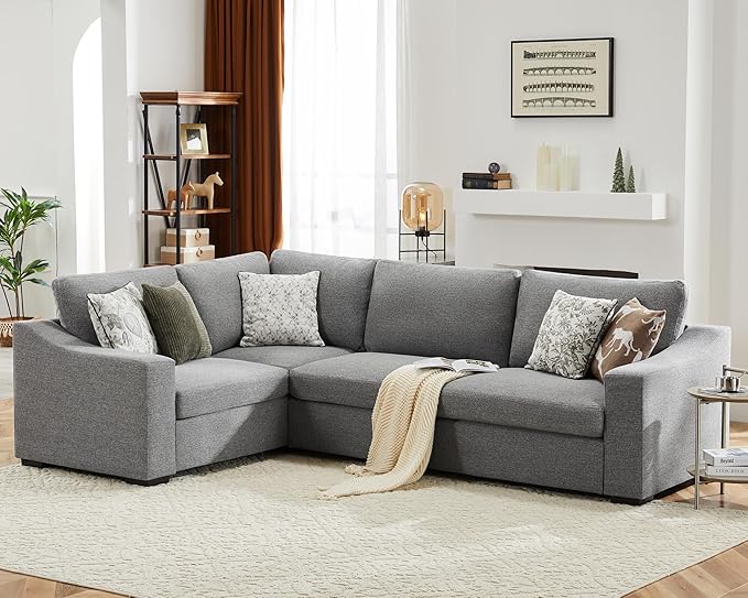 112" Convertible Sectional Sofa, Large L Shaped Couch with Detachable Sofa Cover, Modular Couch for Living Room, Breathable Linen Fabric Corner Sofa for Apartment, Grey-CasaMuseHome