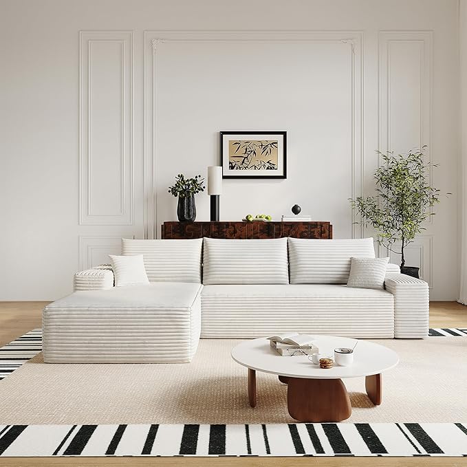 108" Sectional Couches for Living Room Modern Modular Sofa with L-Shape Couchs Upholstered Boneless Couch Deep Seat Sectional Couch with Chaise (White, Left Facing Chaise+2Seaters)-CasaMuseHome