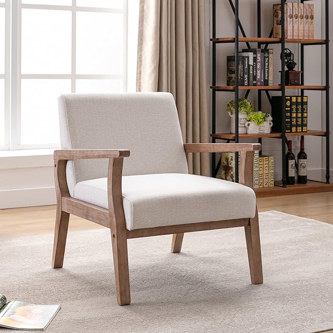 Accent Chair Mid Century Modern Armchair, Linen Upholstered Living Room Accent Armchair with Wood Frame, Farmhouse Chair Indoor Corner Chair for Living Room Bedroom, Ivory-CasaMuseHome