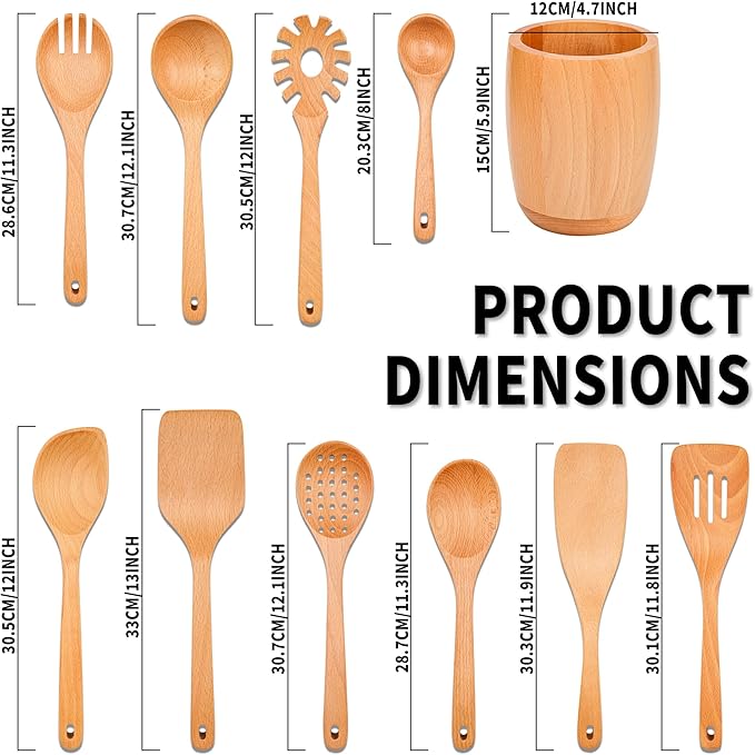 11 PCS WOSPONFAN Kitchen Utensils Set - Wooden Spoons for Cooking, Natural Beech Wood Wooden Utensils - Includes Wooden Spoons, Spatula Set, Slotted Spoon - Handmade Wooden Spoon Set-CasaMuseHome