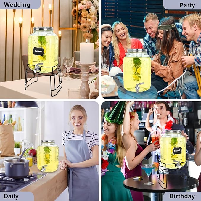2 Gallon Glass Drink Dispensers For Parties,Beverage Dispensers With Stand And 100% Leakproof Stainless Steel Spigot.Glass Water Jug Dispenser,Lemonade Dispenser,Mason Jar.-CasaMuseHome