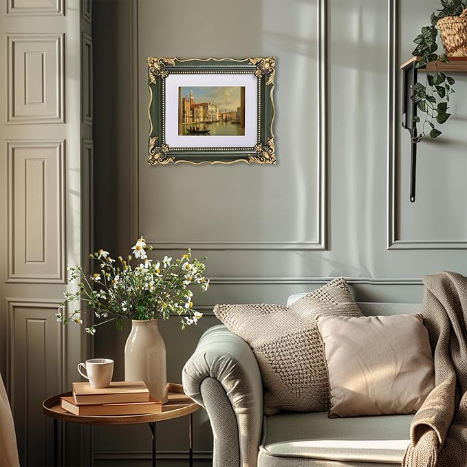 8x10 Vintage Picture Frame with Embossed Flower Design, Green Ornate Frame for 8x10 or 5x7 Pictures with White Mat, Hand-Crafted Resin Antique Frames for Tabletop & Wall Hanging, Home Decor (Green )-CasaMuseHome