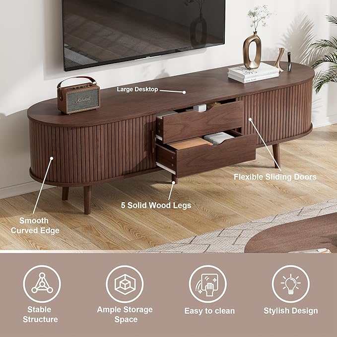 55" Mid Century TV Stand, Fluted TV Stand Fits 32" to 60" TVs. Wood Entertainment Center for Living Room, Farmhouse Modern TV and Media Console Table with Storage, Curved Edge and Sliding Door, Walnut-CasaMuseHome