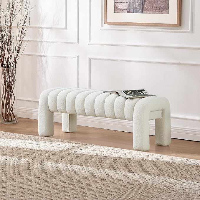 43.3" Bedroom Bench, Upholstered Entryway Bench, Modern End of Bed Ottoman with Solid Wood Legs and Adjustable Foot Pegs for Entryway, Dining Room and Living Room (White Teddy)-CasaMuseHome