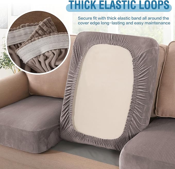 H.VERSAILTEX Velvet Stretch Couch Cushion Cover Plush Cushion Slipcover for Chair Cushion Furniture Protector Seat Cushion Sofa Cover (1 Piece Armchair Cushion Covers, Taupe Striped)-CasaMuseHome