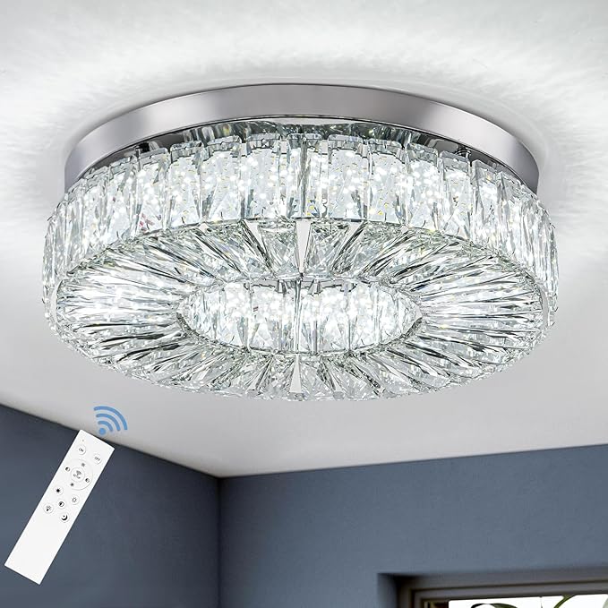 16.5 Inch Dimmable Chandelier with Remote Control LED Crystal Chandelier Modern Flush Mount Ceiling Light Fixtures for Living Room Bedroom Dining Room Entrance (dimmable-16.5")-CasaMuseHome