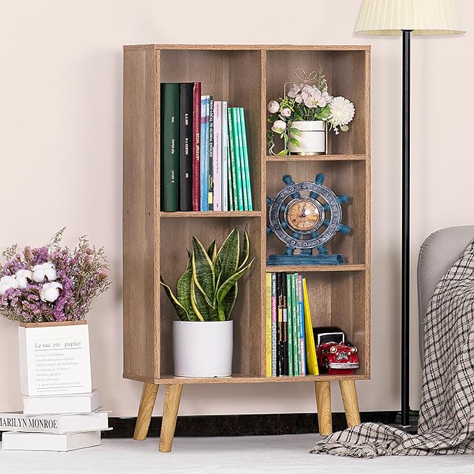 5 Cube Small Bookshelf,3 Tier Mid-Century Modern Bookcase with Legs,Wood Kids Bookshelves Storage Organizer Shelf,Free Standing Narrow Book Shelves,Oak Grey Corner Bookcases for Bedroom,Living Room-CasaMuseHome
