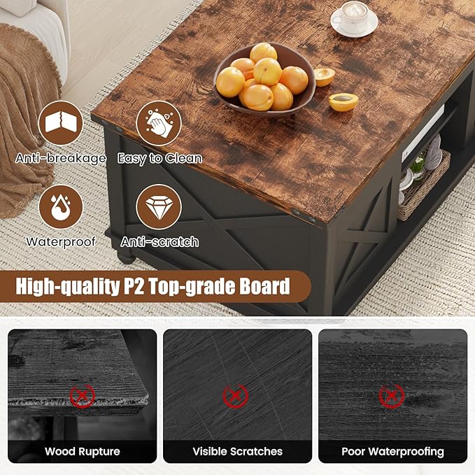 48" Farmhouse Lift Top Coffee Table with Storage Sliding Barn Door & Large Hidden Compartment, Coffee Table with Lifting Top with Wooden Lift Tabletop, Coffee Tables for Living Room, Black-CasaMuseHome